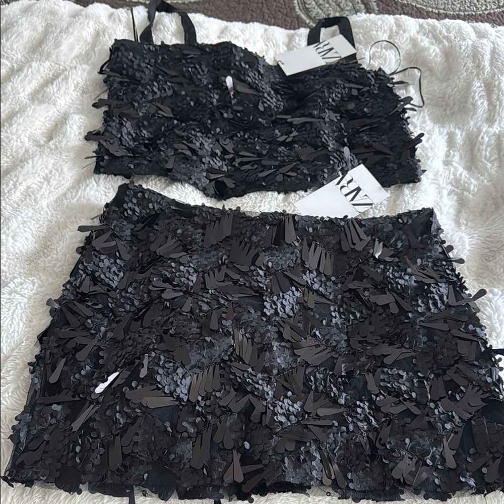 Zara Black Embellished Crop Top (Size Small) Set with Mini Skirt (Size Medium)